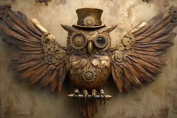 Steampunk owl with mechanical wings, gear-filled eyes, and a tiny top hat perched on its head