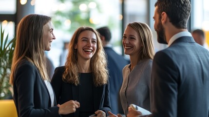photo of two women and one man in their late thirties, dressed in professional attire, smiling and engaging in a lively conversation at an office event