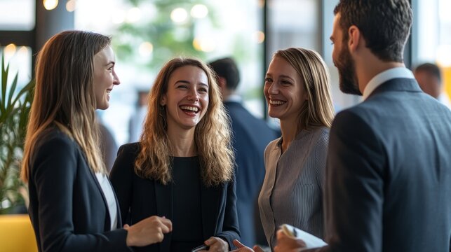 photo of two women and one man in their late thirties, dressed in professional attire, smiling and engaging in a lively conversation at an office event