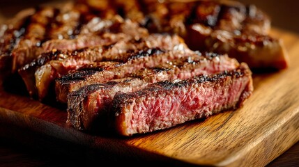 Juicy medium-rare ribeye steak slices on a wooden board, showcasing rich textures and grill marks. A rustic culinary delight.
