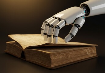 close up of robot hand reading a book or touching a book to study