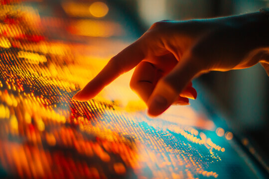 Fingertip Touching Vibrant Digital Display Data Visualization