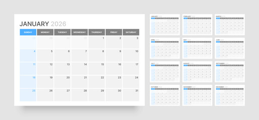 Monthly calendar layout for 2026 year. Diary planner for 2026 year. Week Starts on Sunday. 