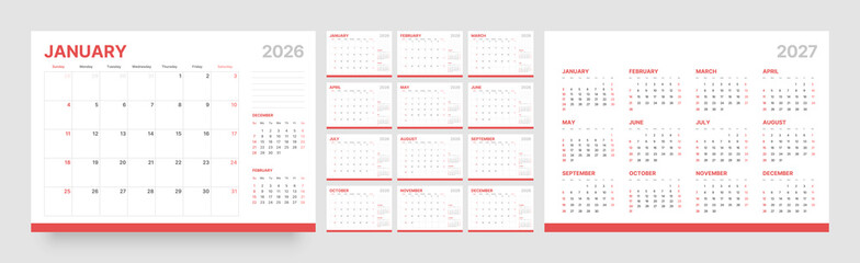 Monthly calendar layout for 2026 year. Diary planner for 2026 year. Week Starts on Sunday. 
