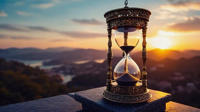 Antique hourglass at sunset over mountains