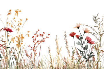 Stunning grass border adorned with nature plants and colorful flowers isolated on white background