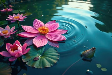 Bold floral design imprinted on rippling lake water, summer, organic