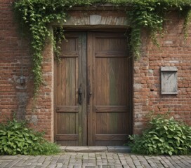 Weathered brick wall, antique wooden door, lush green vines , photography, wood