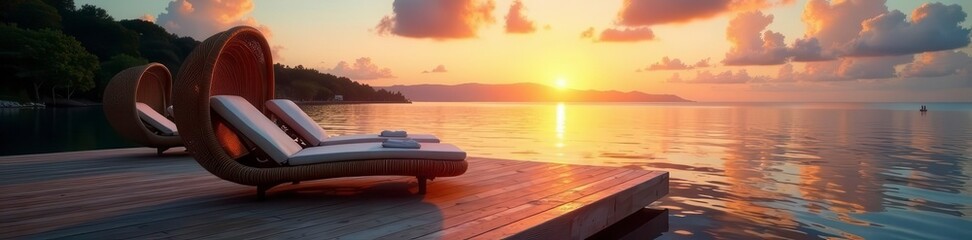 Modern wicker lounge chairs on a floating dock at sunset , lakeside, contemporary