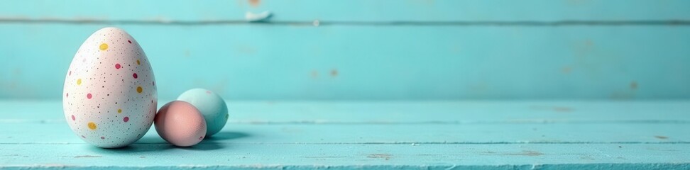 Pastel blue wood, vibrant speckled Easter egg, close-up, detail