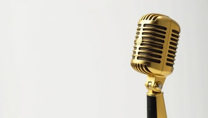 Fototapeta premium Close-up shot of a single gold microphone on white background , audio, retro