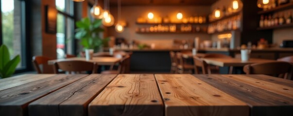 Rustic wooden tabletop, blurred restaurant glow, visual, blurred