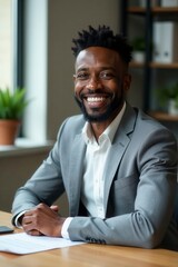 Smiling advisor at modern desk, confident, African American, smiling face, experience