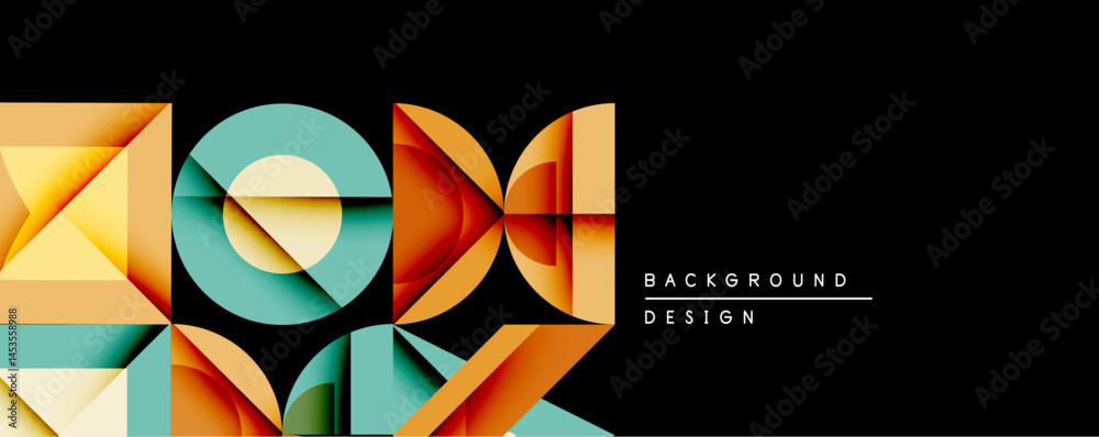 Aufkleber Abstract geometric shapes overlap, creating vibrant color gradients. Design features triangles, circles, rectangles on black background. Modern aesthetic, clean lines.