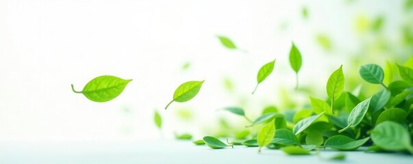 Whimsical green tea leaves dance in mid-air against a stark white backdrop , drink, plant