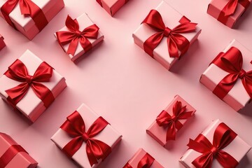 Elegant red ribbon tied gift boxes, seamless pattern, pink, white