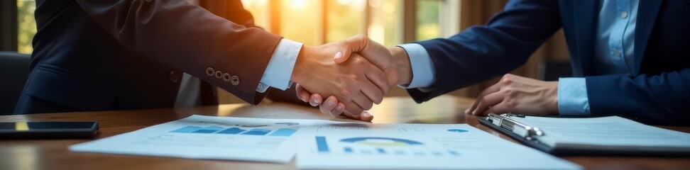 Business partners' hands clasp over financial papers, deal sealed , accomplishment, commerce