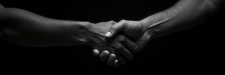 Close-up hands shaking, black & white skin tones, dark background , collaboration, respect, sisterhood