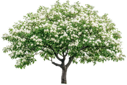 Full length apple tree in bloom with green leaves isolated on a clean white background