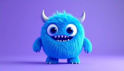 Fototapeta premium Funny cartoon blue monster with horns on purple background