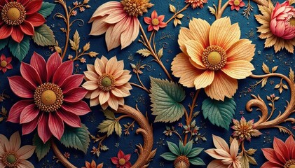 Intricate floral damask textile, rich textures, embroidery, background