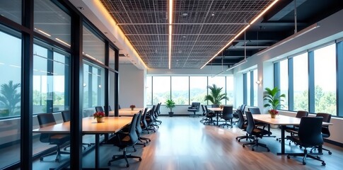 Modern office suspended ceiling grid installation , tiles, architectural design