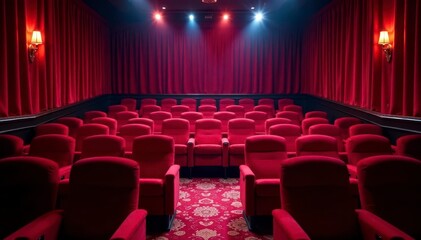Fototapeta premium Red velvet seats fill a laughter-filled comedy club , stand-up, happy, interior