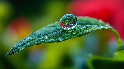 raindrop on a fresh spring leaf, reflecting the lush environment, vibrant nature photography