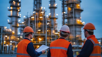 Refinery industrial engineers working and discussing in front of an oil and gas industrial plant