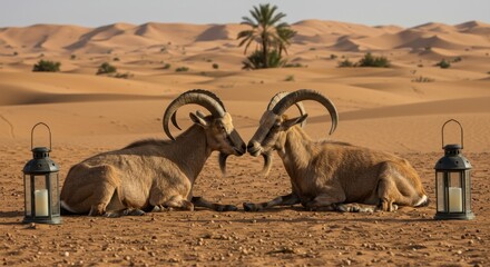 Majestic Markhor Rams in the Moroccan Sahara Desert: A Serene Encounter at Sunset