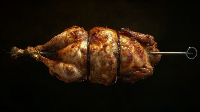 roasted chicken, positioned horizontally on a large metal skewer, tightly secured and perfectly browned, reflecting the shine of the golden