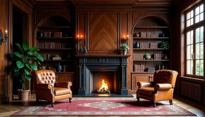 Rich mahogany shelves, leather armchairs, grand fireplace, bookcase, leather, parchment