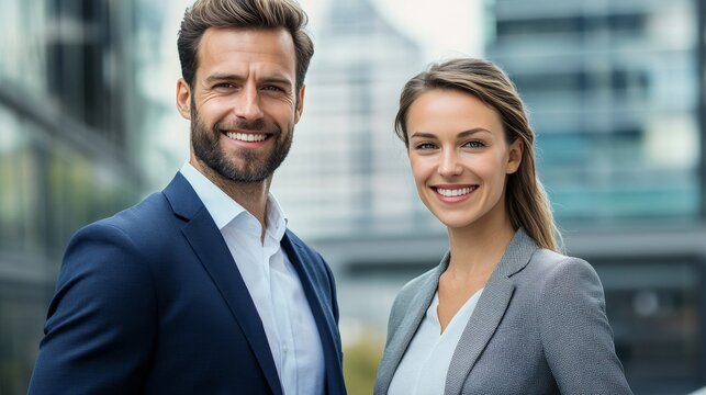 smiling businessman and a casual businesswoman posing for a portrait outdoors, cityscape in the background - Powered by Adobe