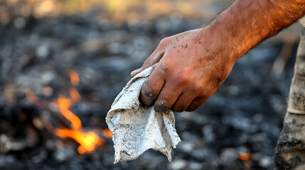 Ash-Covered Hands Holding Soot-Stained Rag Near Embers