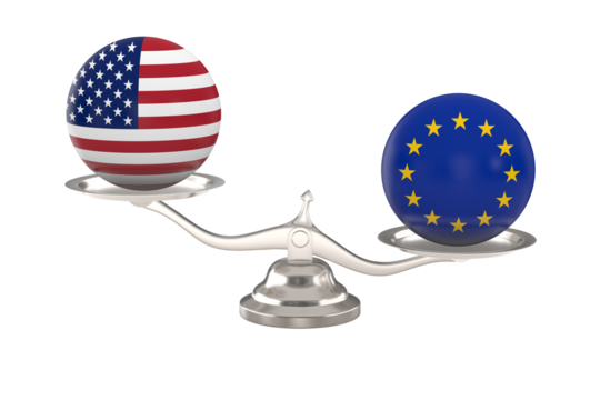 Two balls with flag america, eu and scale on white background. Isolated 3D illustration