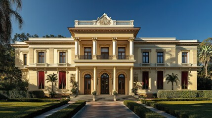 Grand, light-yellow mansion with ornate details,  elegant columns, and a formal garden setting.  Red drapes