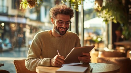 smiling man writing in a notebook while holding a tablet, sitting at a cozy cafe table, natural light streaming through the window
