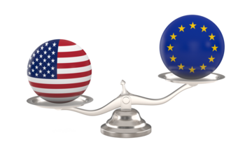 Two balls with flag america, eu and scale on white background. Isolated 3D illustration