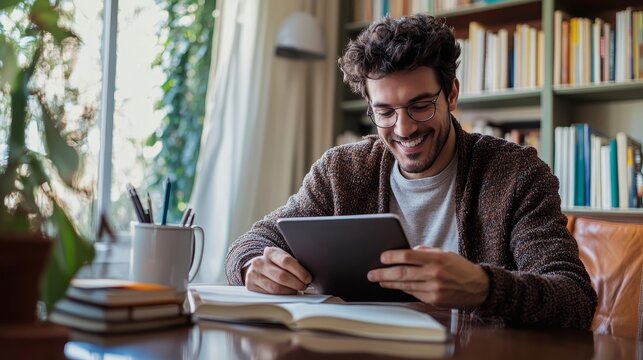 smiling man sitting at a home desk, writing in a notebook while holding a tablet, cozy home environment with books and a mug of coffee