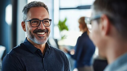 Smiling men in business casual attire with glasses engaged in a friendly conversation in a modern office