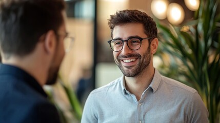 Smiling men in business casual attire with glasses engaged in a friendly conversation in a modern office
