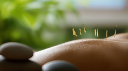 Acupuncture Session: Golden Needles on Tan Skin with Grey Stones and Green Background