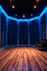 Soundproof studio with dark acoustic panels, blue ambient lighting, banner area , wall, recording