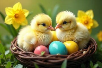 Two downy chicks in a woven nest with painted eggs and daffodils , design, spring