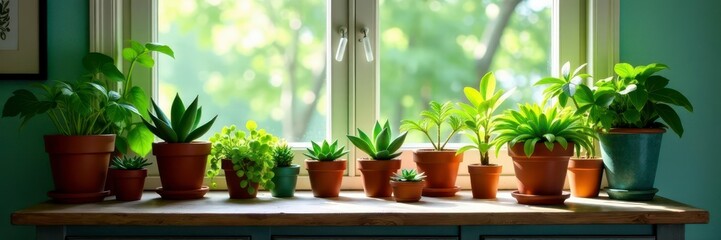 Various potted succulents & ferns arranged on aged wooden cabinet beneath window , clean, bright, wellness