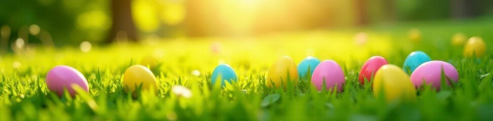 Vibrant eggs scattered in sunlit meadow, child's shadow, outdoor, adventure