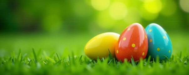 Vibrant painted eggs in sharp focus, blurred green grass background, spring, vibrant