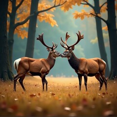 Two fallow bucks clashing antlers in forest clearing, animal, headbutt