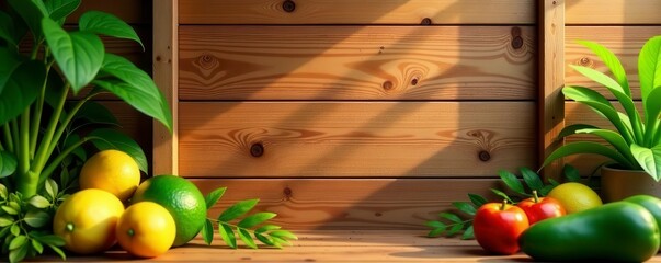Warm wood backdrop, vibrant greenery accents, Sukkot theme, wooden, decor