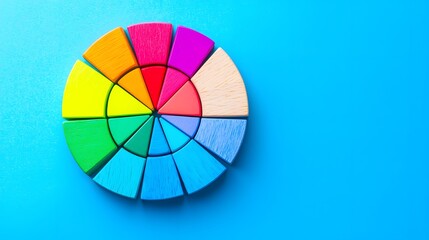 Obraz premium Vibrant Rainbow Color Wheel Wooden Segments on Blue Background Creative Design Concept